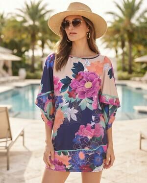 Trina Turk Floral Dolman Sleeve Tunic Dress Vibrant Peony Print Resort Wear S